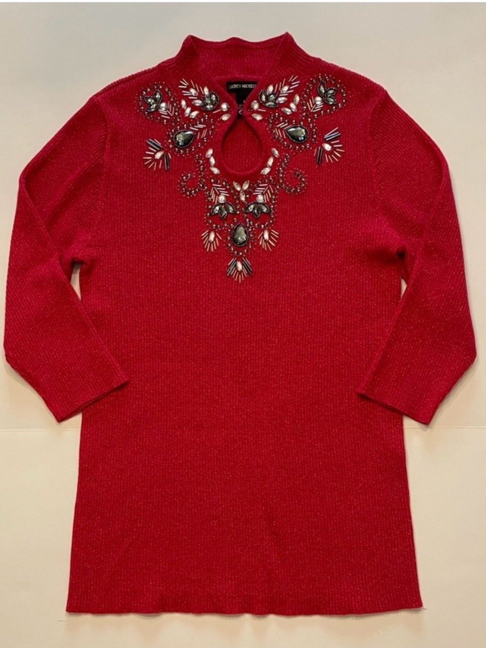Lauren Michelle Red Metallic Beaded Rhinestone Keyhole Neck Holiday Sweater Top